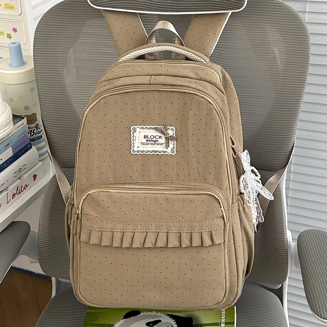 Polka Dot Patterned Backpack with Ruffle Accents Stornfield