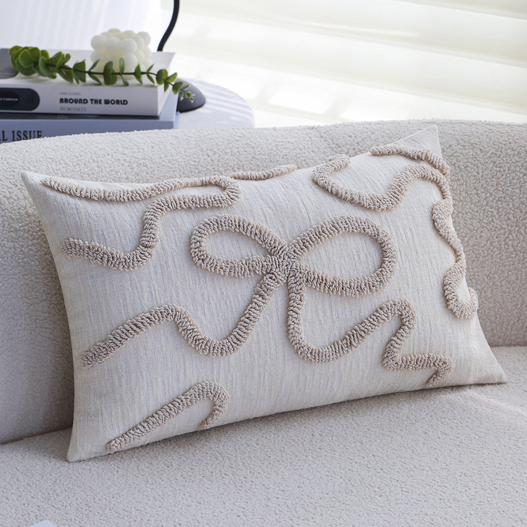 Square decorative cushion cover with hand-tufted bow and wave relief made of cotton-linen mix Stornfield