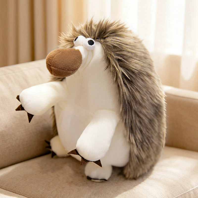 Plush Sitting Long-Fur Hedgehog Comforter Toy with Oversized Snout and Soft Bean-Fill Body Stornfield