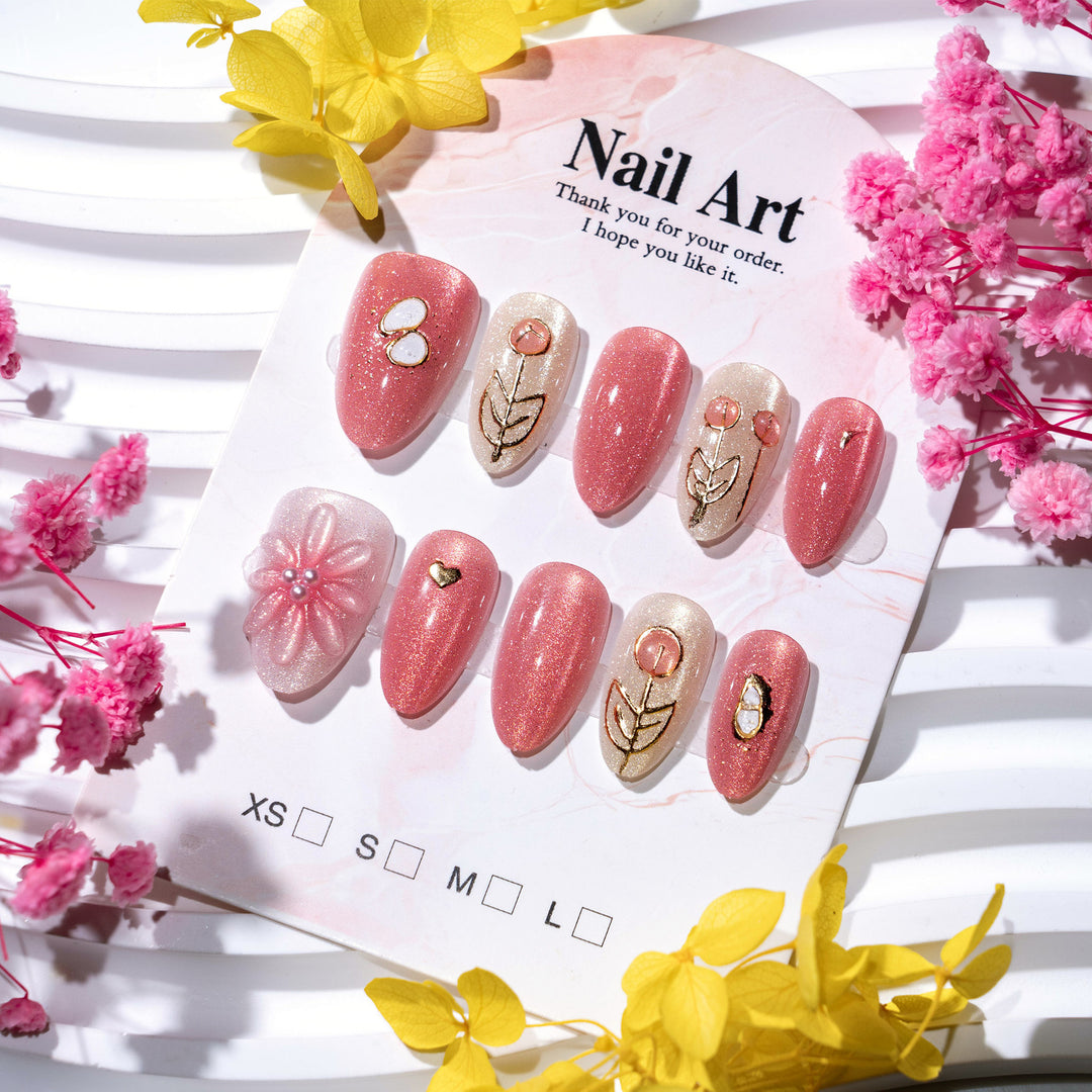 Elegant Floral Press-On Nail Art Set with Decorative Accents Stornfield
