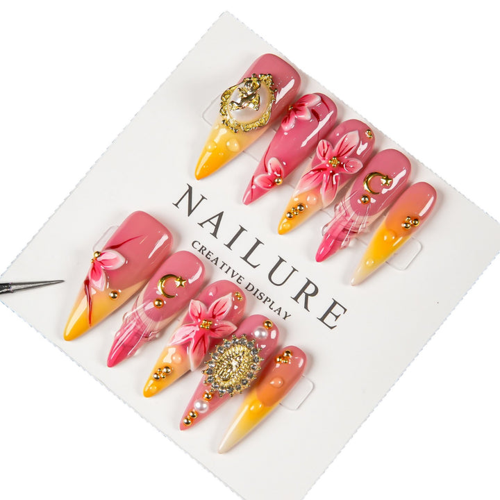 Artistic Stiletto Press-On Nail Set with Floral and Gem Accents