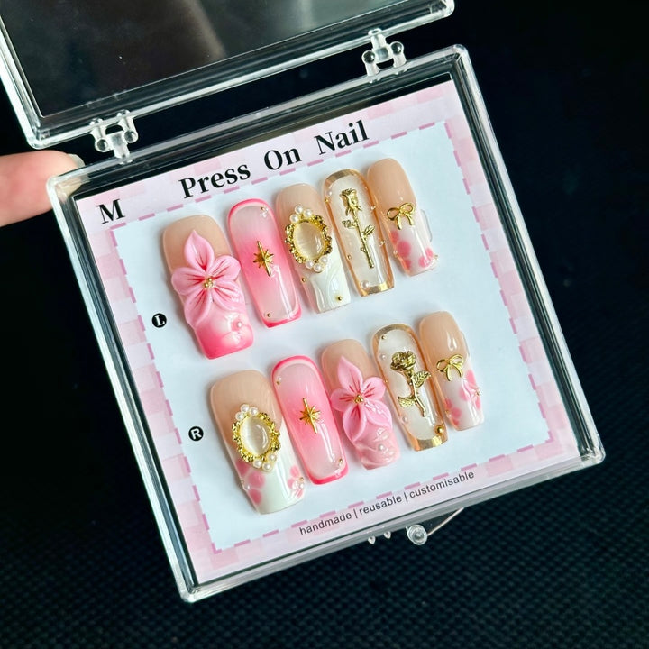 Decorative Press-On Nail Art Set with Floral and Gem Accents  1791774725