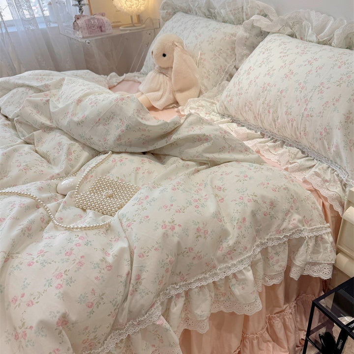 Ruffled Floral Lace-Trim Duvet Cover Set with Pillow Shams