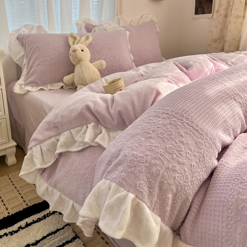 Plush Embossed Velvet-Feel Ruffled Duvet Cover Set with Frilled Pillow Shams