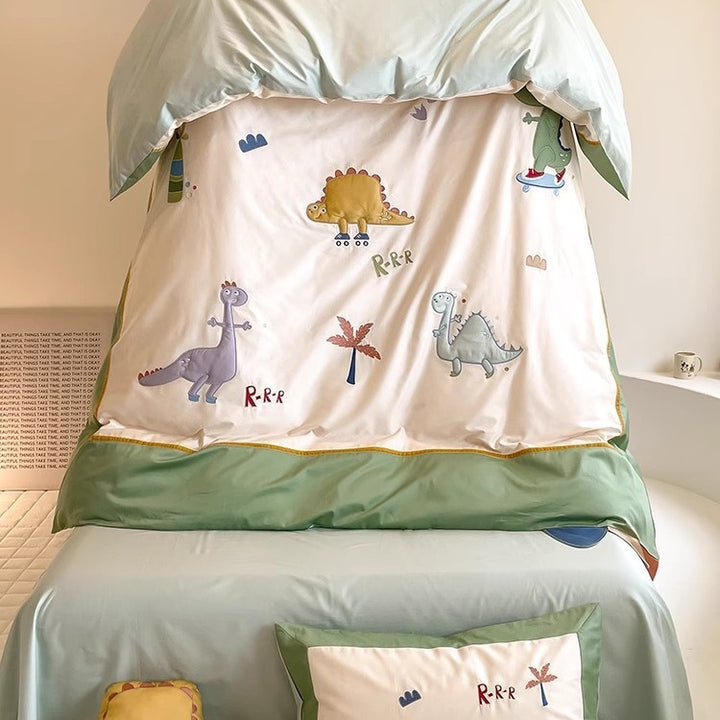 Embroidered Cartoon Rabbit Cotton Sateen Duvet Cover Set with Plush Accent Pillow