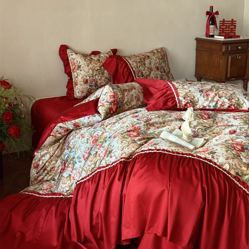 Romantic bedding set made of cotton satin with ruffles and floral jacquard