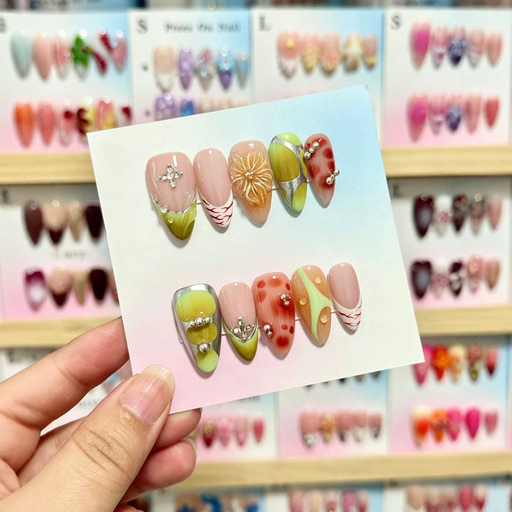 Artistic Press-On Nail Set with Decorative Floral and Gem Accents