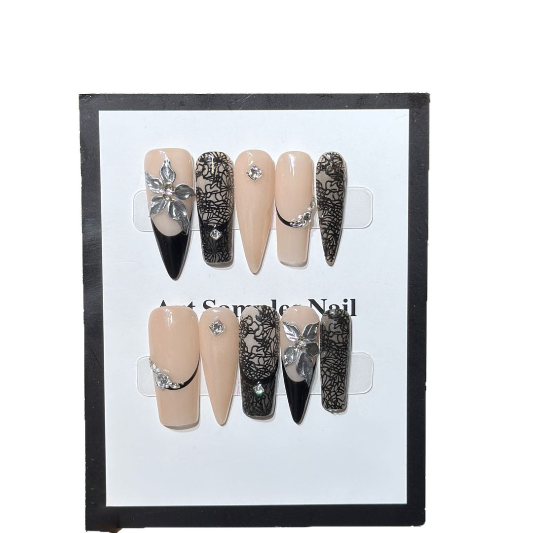 Artistic Stiletto Press-On Nail Set with Floral and Geometric Accents Stornfield