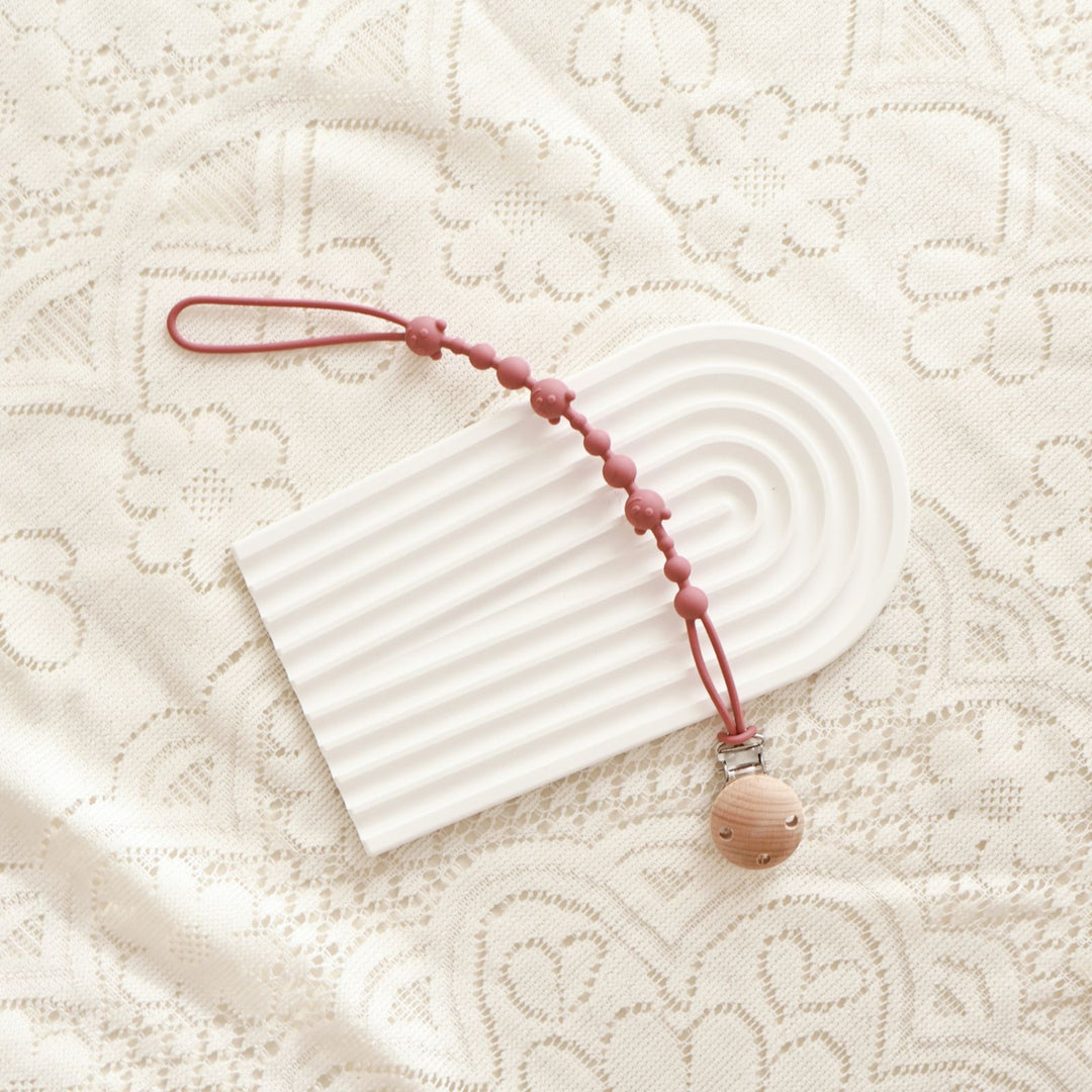 Silicone Beaded Pacifier and Teether Clip with Wooden Safety Clip