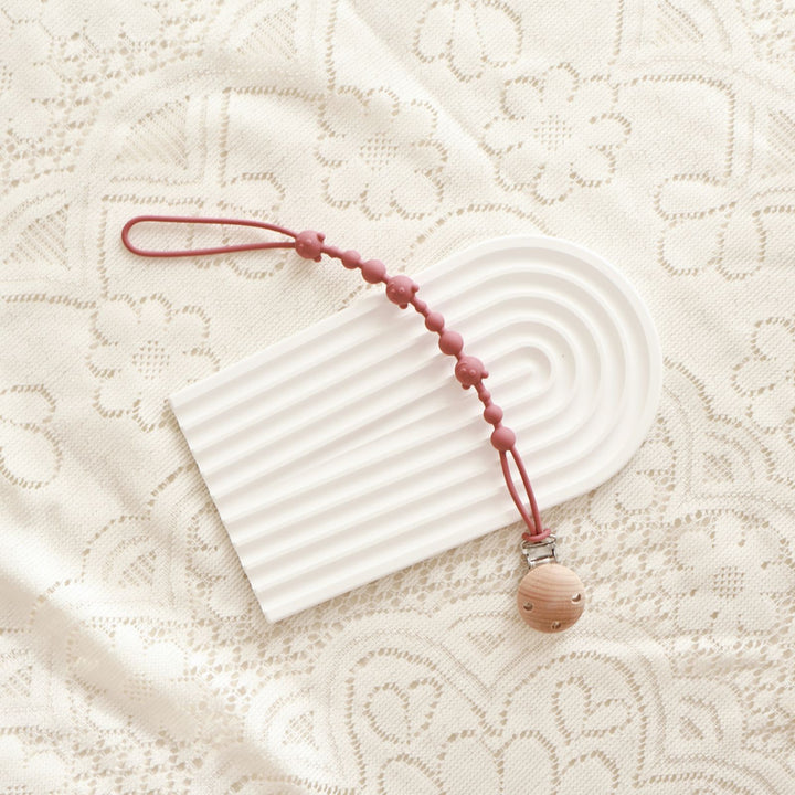 Silicone Beaded Pacifier and Teether Clip with Wooden Safety Clip