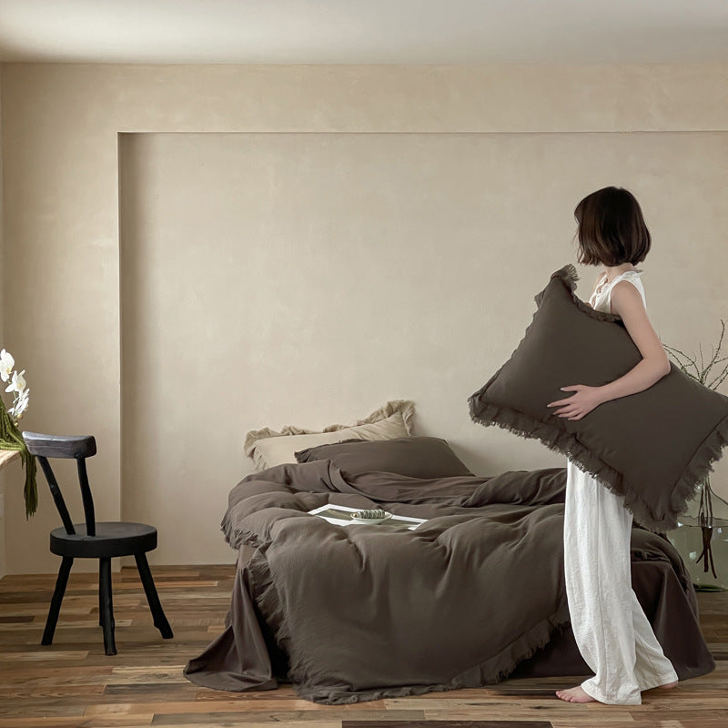 Washed Cotton Gauze Fringed Duvet Cover Set with Skirted Base & Textured Pillow Shams