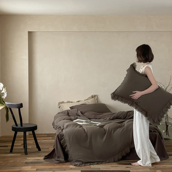 Washed Cotton Gauze Fringed Duvet Cover Set with Skirted Base & Textured Pillow Shams