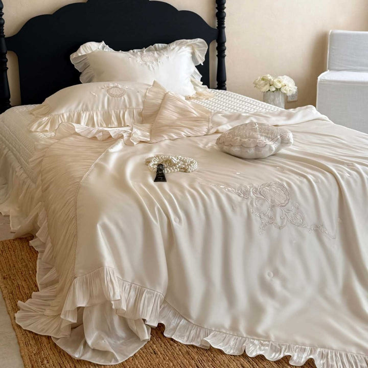Luxury Satin-Trim Ruffled Duvet & Sham Ensemble with Pleated Flange and Delicate Shell Embroidery