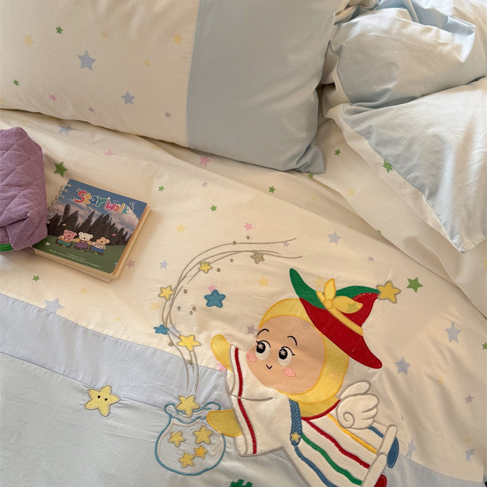 Children's Plush Embroidered Duvet Cover Set with Polka Dot Cotton Pillowcases