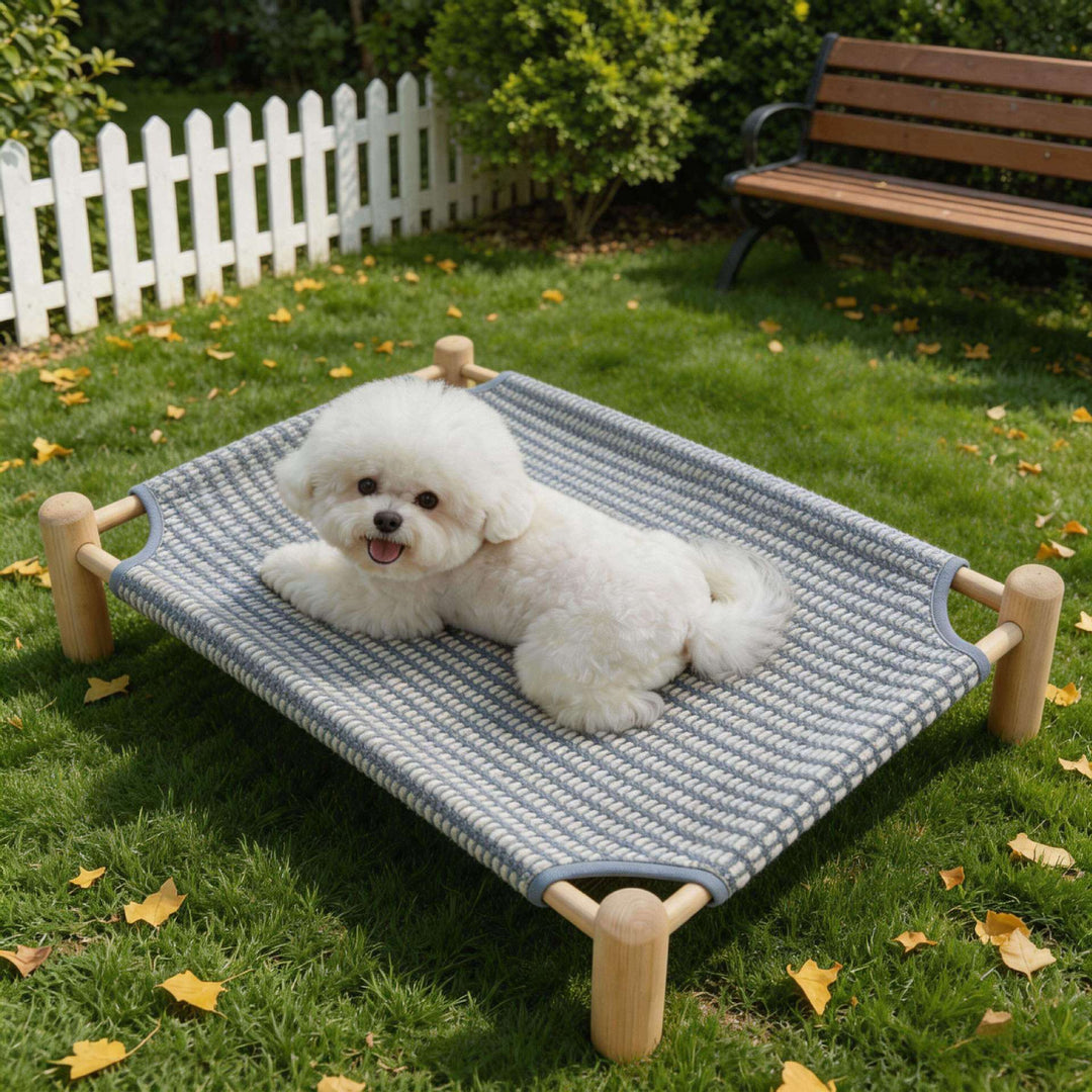 Unisex nan raised wooden pet bed with breathable, woven cover Stornfield