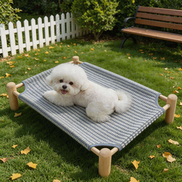 Unisex nan raised wooden pet bed with breathable, woven cover Stornfield
