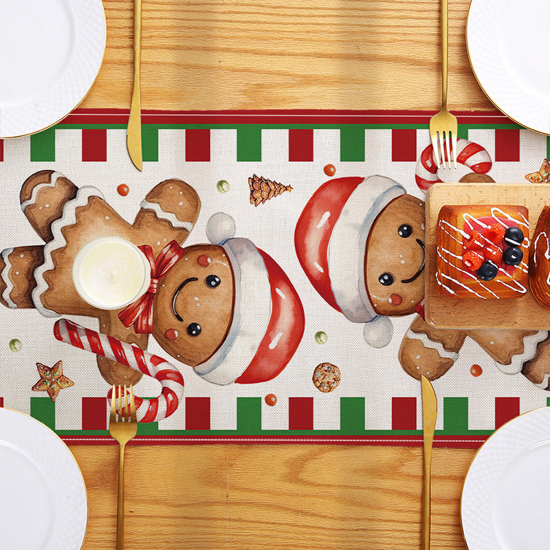 Linen-Texture Cotton-Blend Christmas Table Runner with Burlap Trim and Winter Tree Illustration