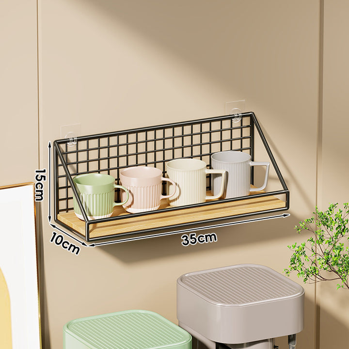 Ventilated Grid Wall Shelf with Wood-Look Tray and Clear Suction Mounts