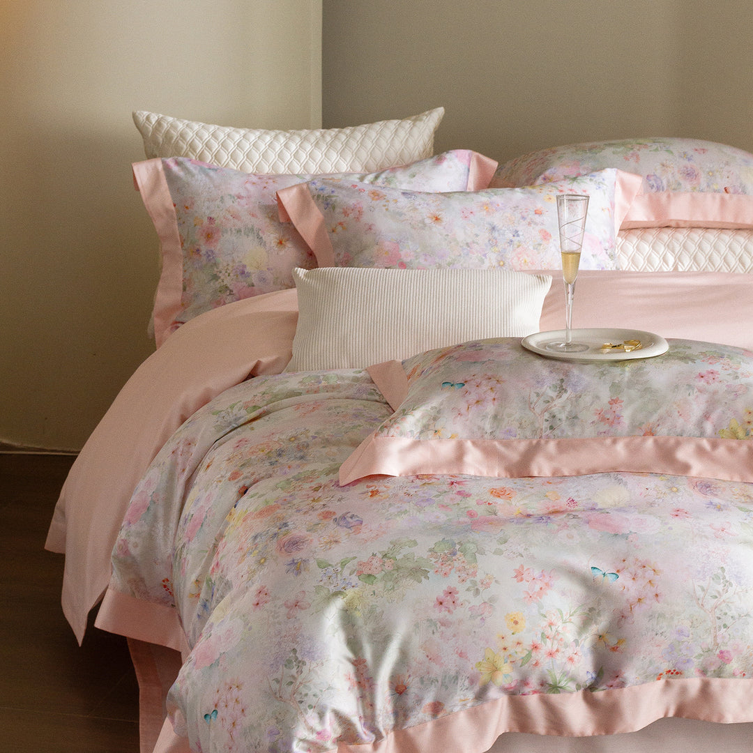 Satin bed set with floral watercolor border and satin edge