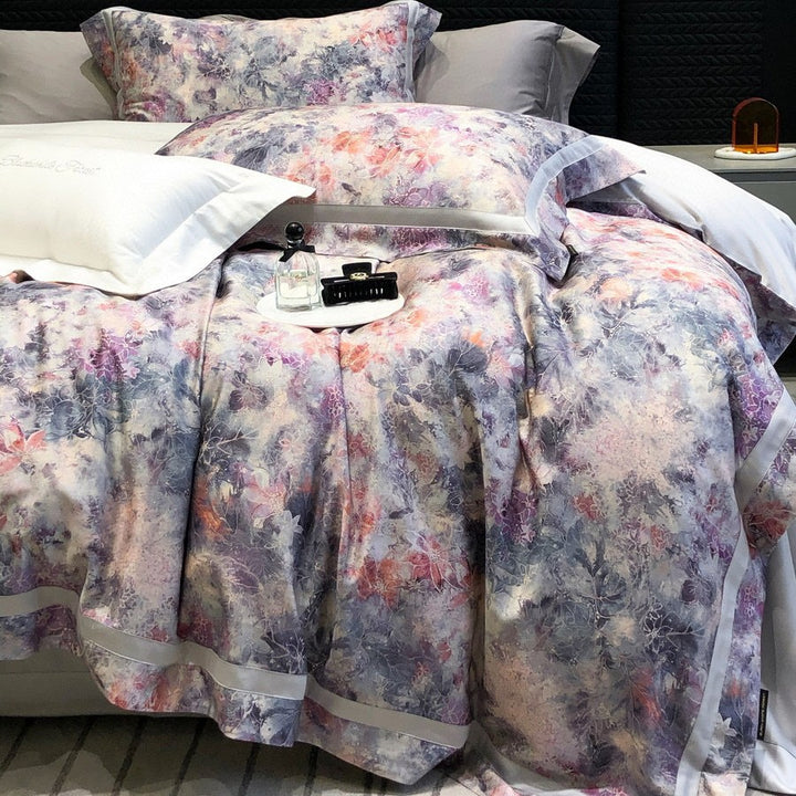 Satin-Feel Watercolor Floral Duvet Cover Set with Pillow Shams