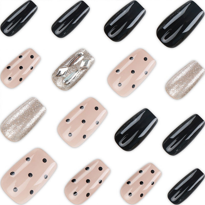 Designer Press-On Nails Set with Elegant Black and Polka Dot Patterns Stornfield