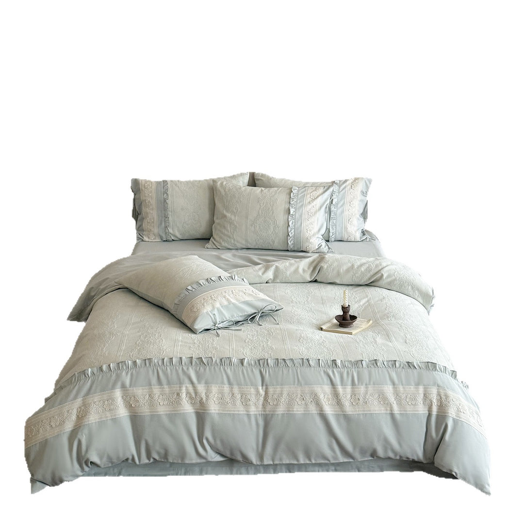 Luxury Jacquard Ruffled Duvet Cover Set with Tie-Closure Pillow Shams