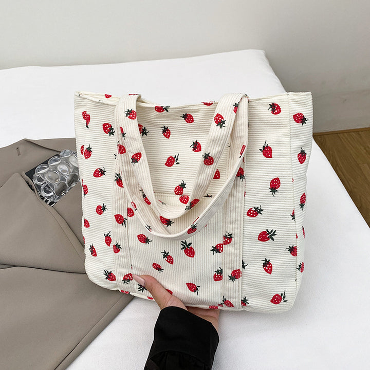 Playful Strawberry Print Corduroy Tote Bag Stornfield
