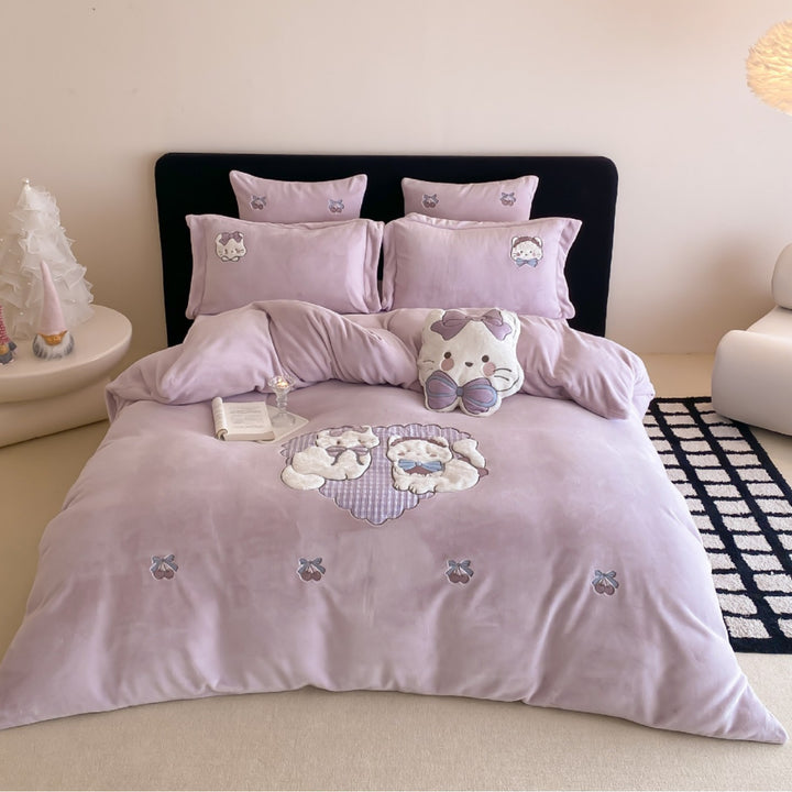 Cute Cartoon Embroidered Cotton Duvet Cover & Quilted Comforter Ensemble