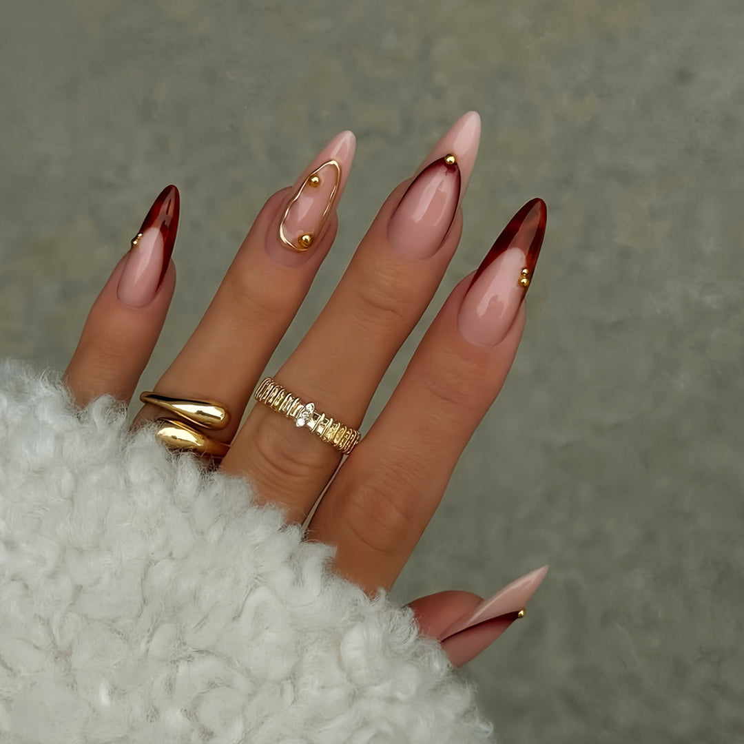 Stiletto Press-On Nail Art Set with Elegant Gold Accents Stornfield