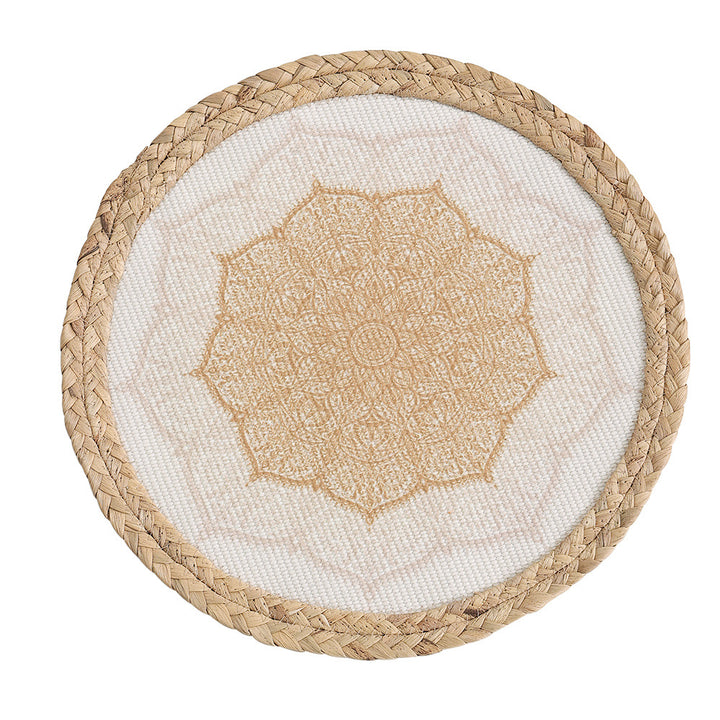 Beef seat pouf with mandala print, woven surface and braided jute edge