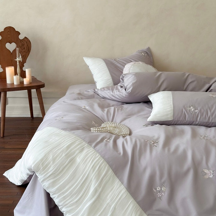 Embroidered Cotton Duvet Cover Set with Pleated Ruffle Trim and Decorative Pillow Shams