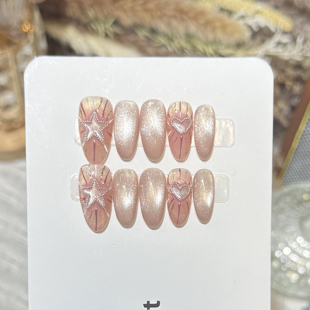 Fashionable Press-On Nail Set with Glamorous Star and Heart Designs Stornfield