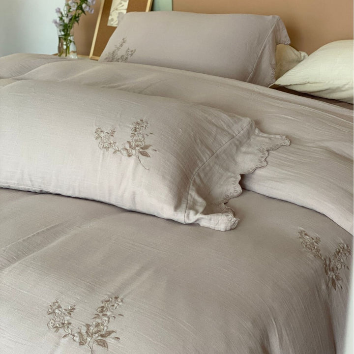 Textured Cotton-Gauze Linen-Feel Ruffled-Edge Duvet Cover Set
