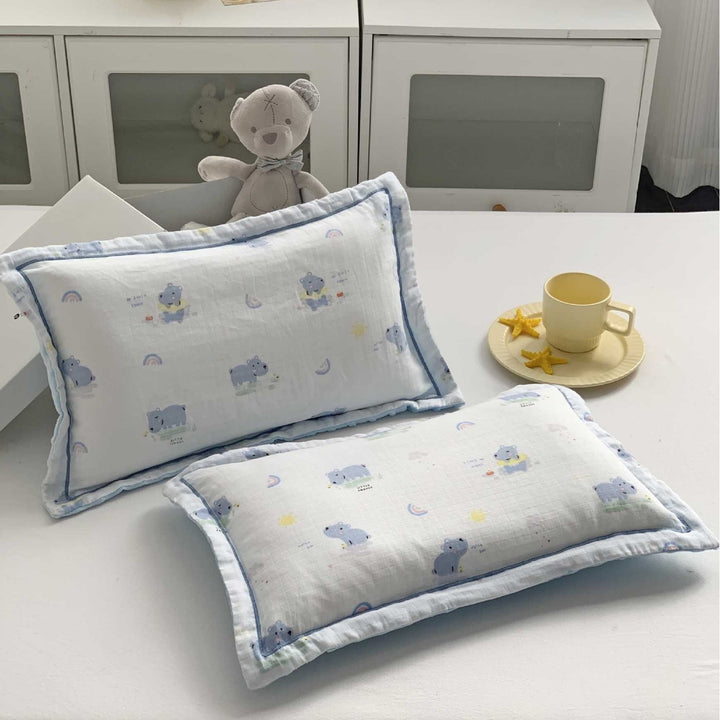 Baby Muslin Pillow Set with Bear Print & Soft Gauze Ruffled Edge