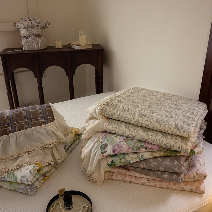 Floral Quilted Throw Blanket with Lace Ruffle Trim