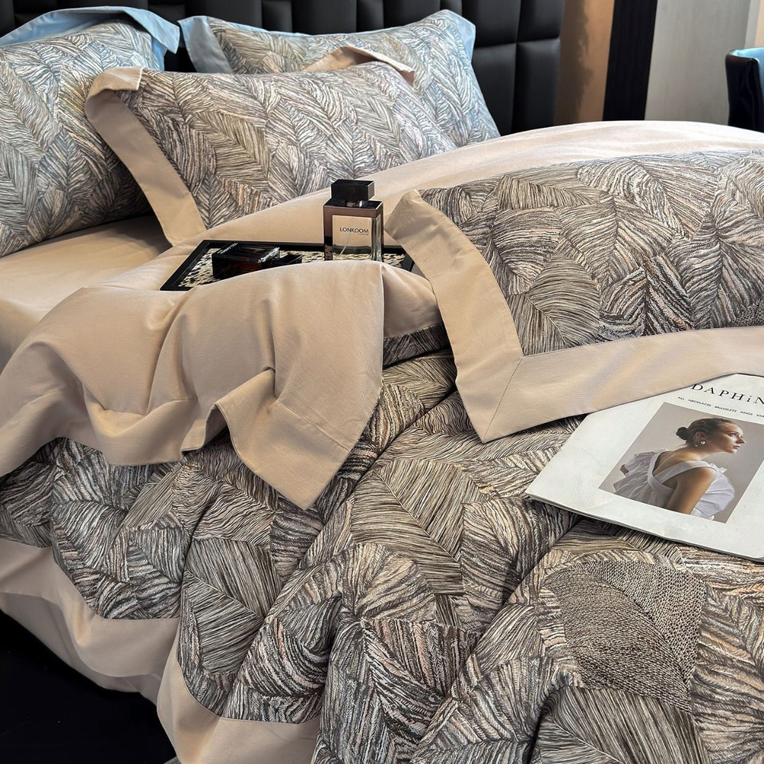 Luxury Cotton-Sateen Botanical Duvet Cover Set with Contrast Piped Hem & Euro Shams