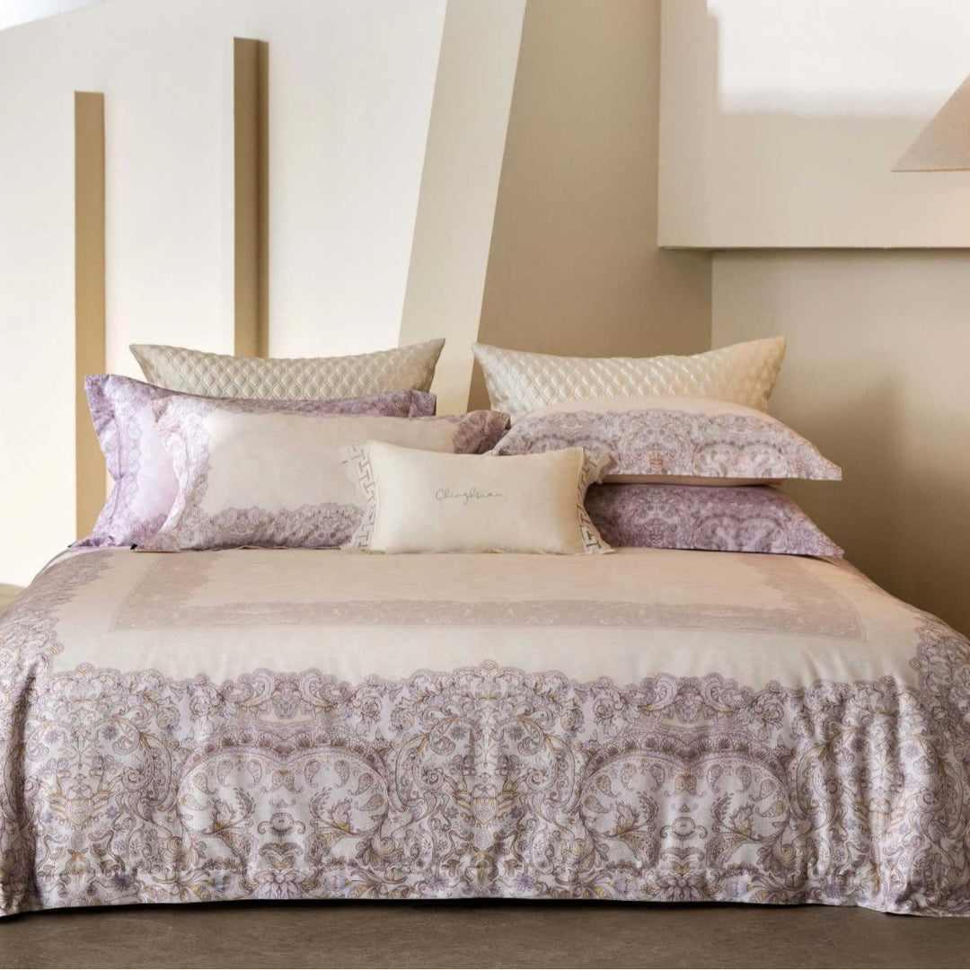 Botanical Printed Sateen Duvet Cover Set with Silk-Like Satin Hem and Decorative Shams