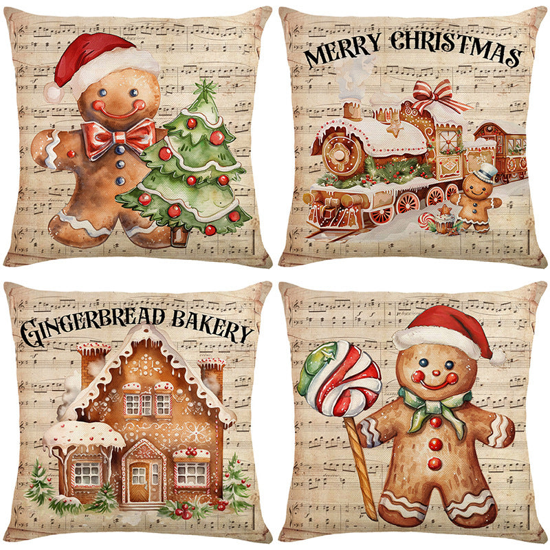 Festive Linen-Texture Decorative Throw Pillow Cover with Gingerbread Man and Musical Sheet Print