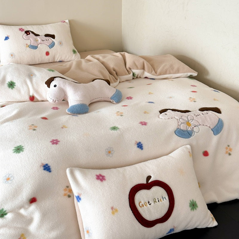 Cozy Reversible Bedding Set with Embroidered Horse Applique and Plush Toy