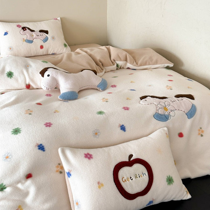 Cozy Reversible Bedding Set with Embroidered Horse Applique and Plush Toy
