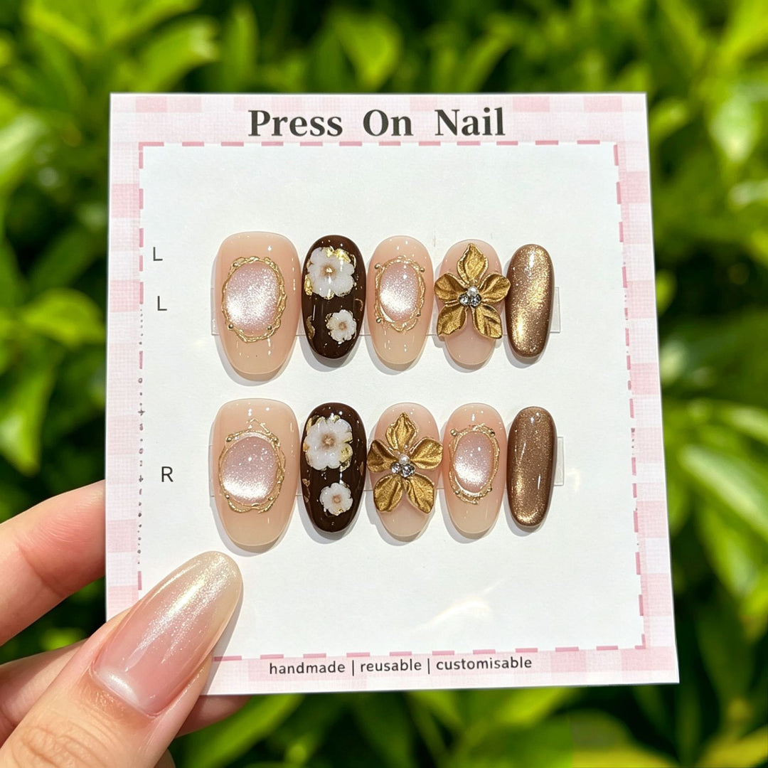 Elegant Reusable Press-On Nail Art Set with Floral Accents