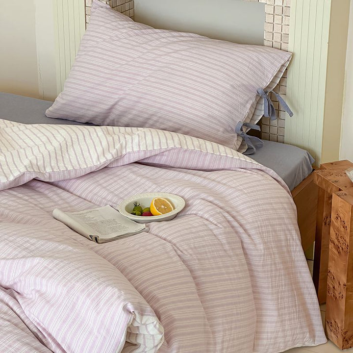 Striped Cotton-Linen Duvet Cover Set with Tied Pillowcases