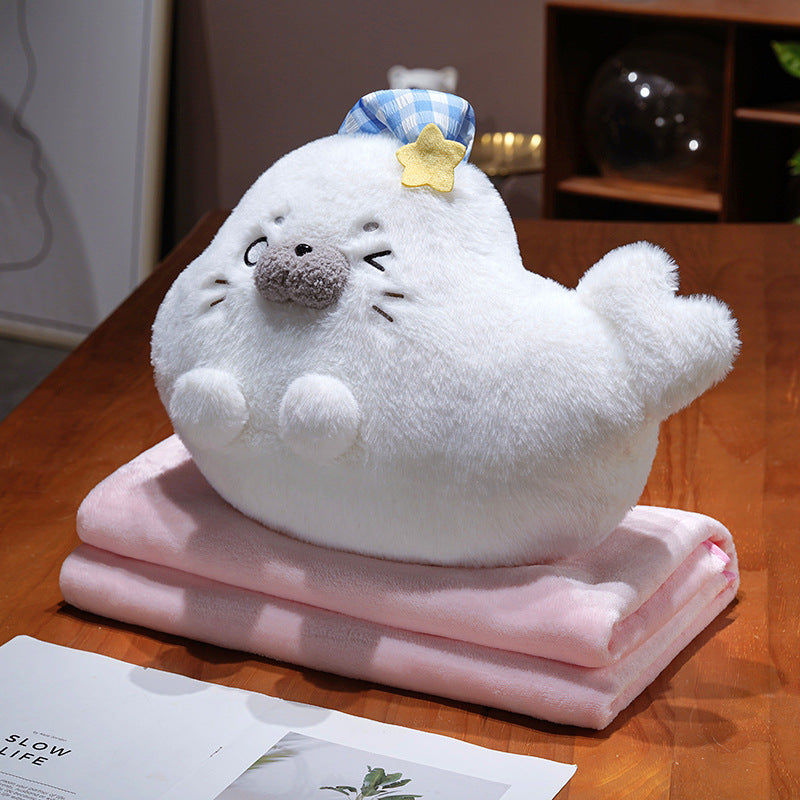 Soft Seal Plush Toy Cuddly Pillow with Portable Microfiber Blanket