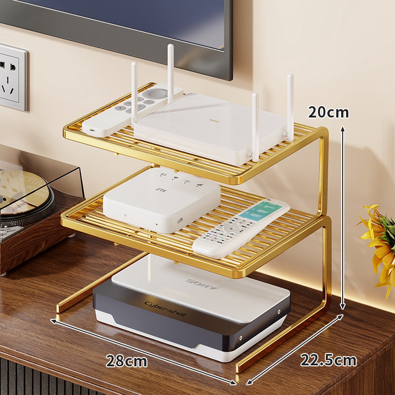 Two-Tier Ventilated Metal Electronics Organizer Shelf for Routers, Set-Top Boxes and Remotes
