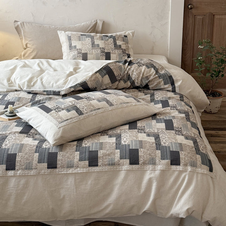 Patchwork Quilted Duvet Cover Set with Linen-Blend Percale Pillow Shams