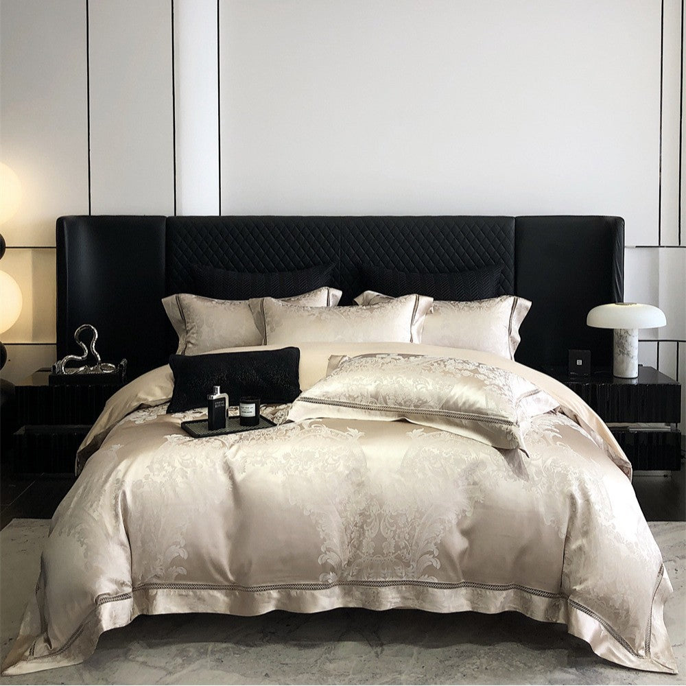 Silk-Feel Jacquard Duvet Cover Bedding Set with Decorative Embroidered Border