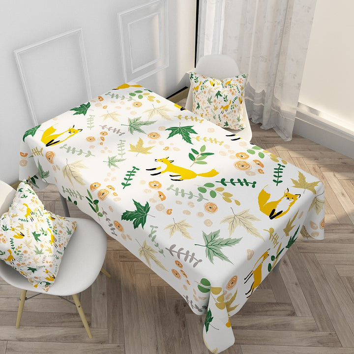 Decorative Cotton-Linen Tablecloth with Fox and Botanical Print, Stain-Resistant Dining Table Cover