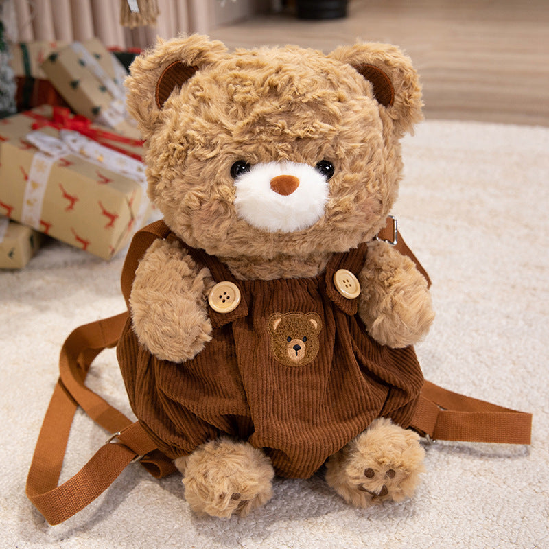 Plush Teddy Bear Backpack Bag with Corduroy Overalls & Adjustable Straps Stornfield