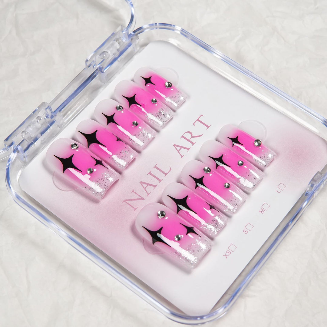 Artistic Press-On Nail Set with Gem Accents
