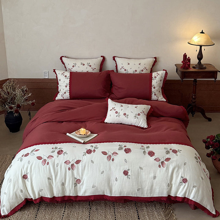 Embroidered Floral Reversible Duvet Cover Set with Ruffled Edge